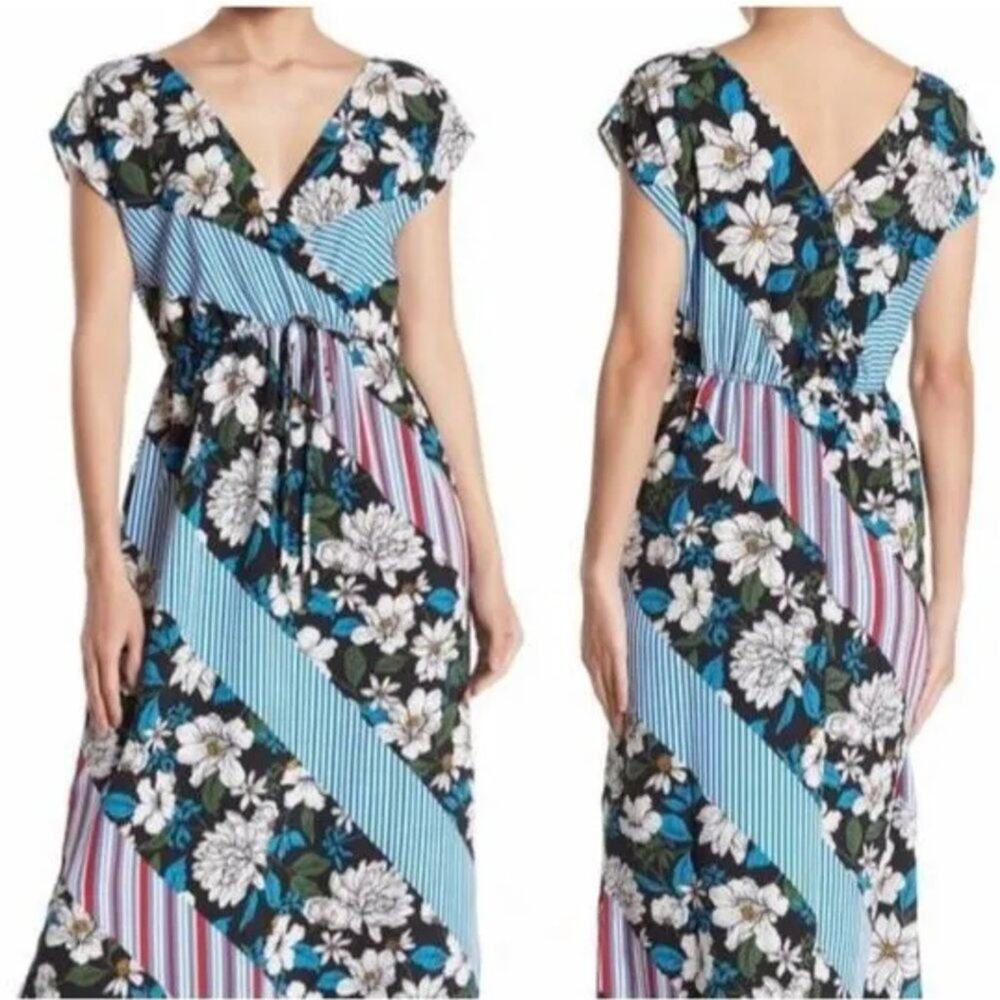 Bobeau Women's Floral Striped Print Dolman Sleeve Maxi Dress Size XL